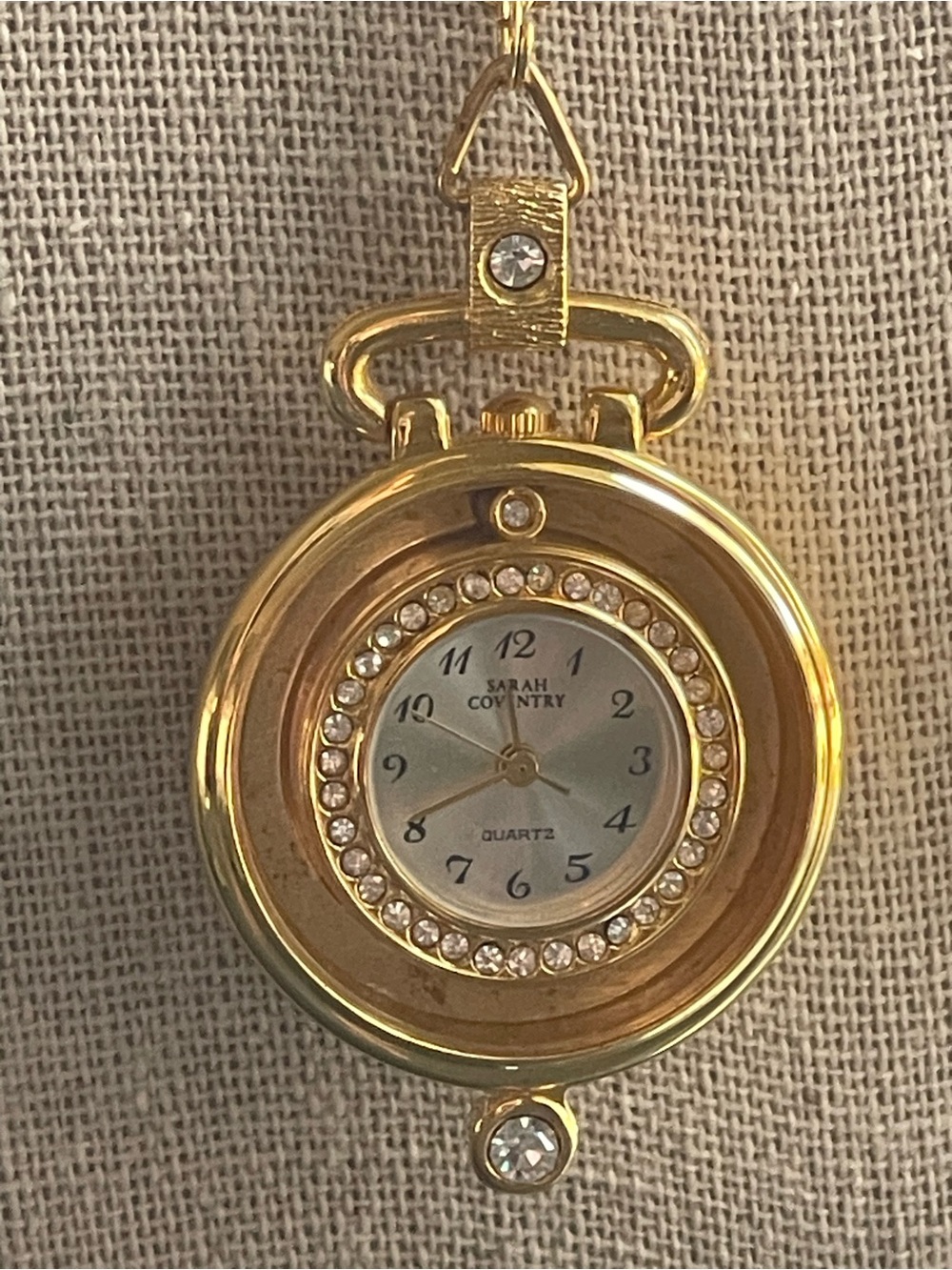 1980s Sarah Coventry Gold-Tone Crystal Pocket Watch Pendant on Chain